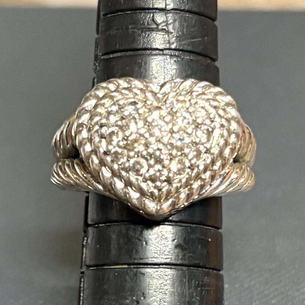 Judith Ripka Ring Size 6 Sterling Silver and CZ with Heart Roping & Split Shank
